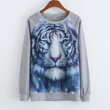 Loose And Long Sleeve Sweater Tiger Printing Kjhvg